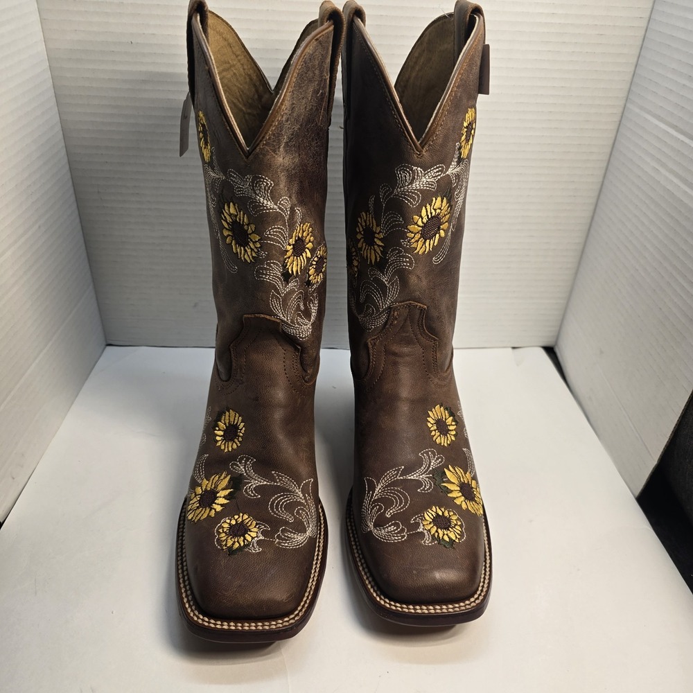 Shyanne Womens Sunflower Embroidered Brown Leather Square Toe Western Boots 9.5B